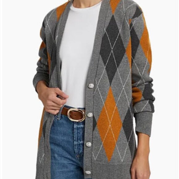 Ronny Kobo Abarne Gray Brown Merino Wool Cotton Argyle Button Cardigan Sweater S - Picture 2 of 15